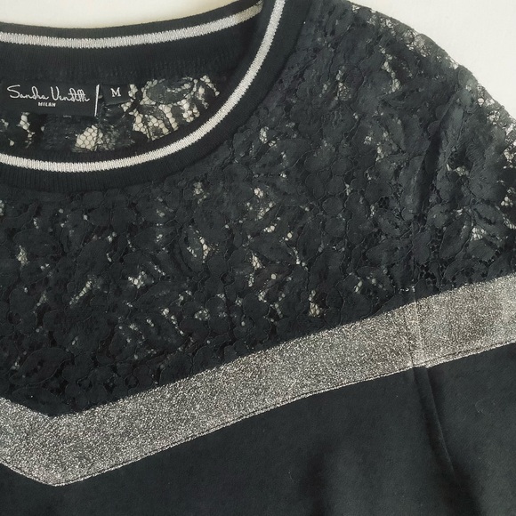 SANDRA VENDITTI BLACK & METALLIC SILVER/ LACE SHORT SLEEVE MIDI DRESS/ Size M - Picture 4 of 9